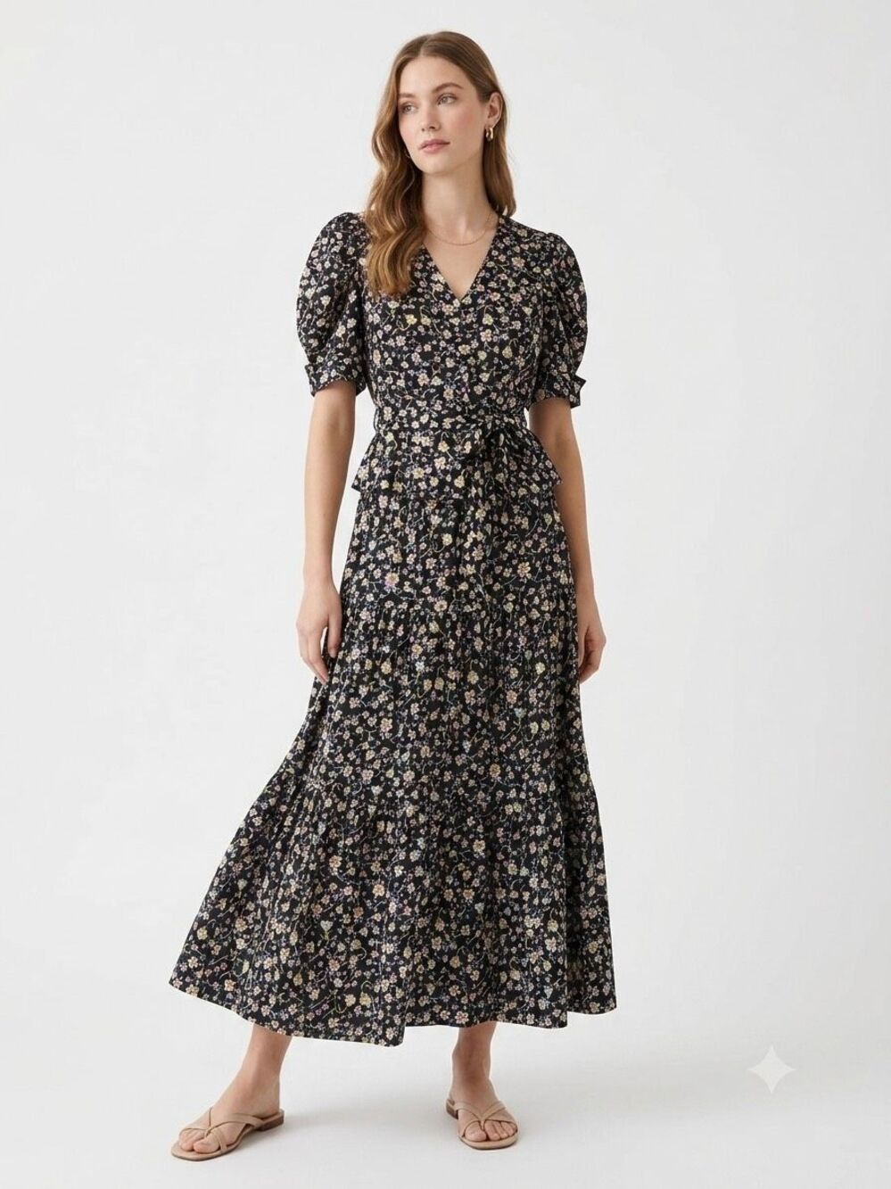 Who What Wear Black Boho Prairie Floral Puff Sleeve Wrap Top & Maxi Skirt Set  S